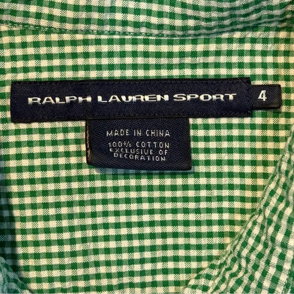 Ralph Lauren Sport Kelly Green Gingham Kids 3/4 Sleeve Button Down Shirt - Picture 5 of 6